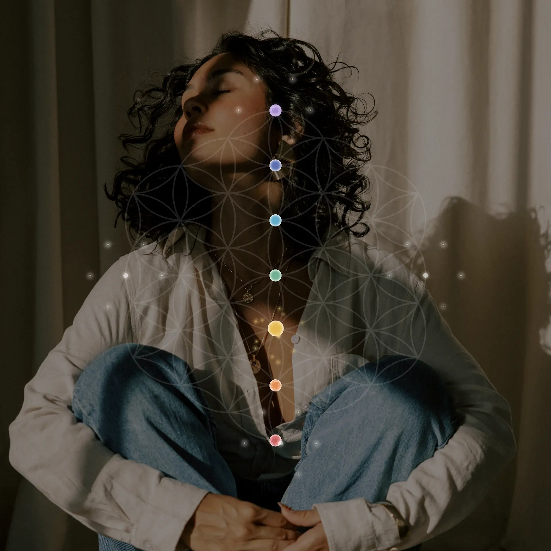 A contemplative young woman surrounded by delicate geometric circles and a line of coloured energy points